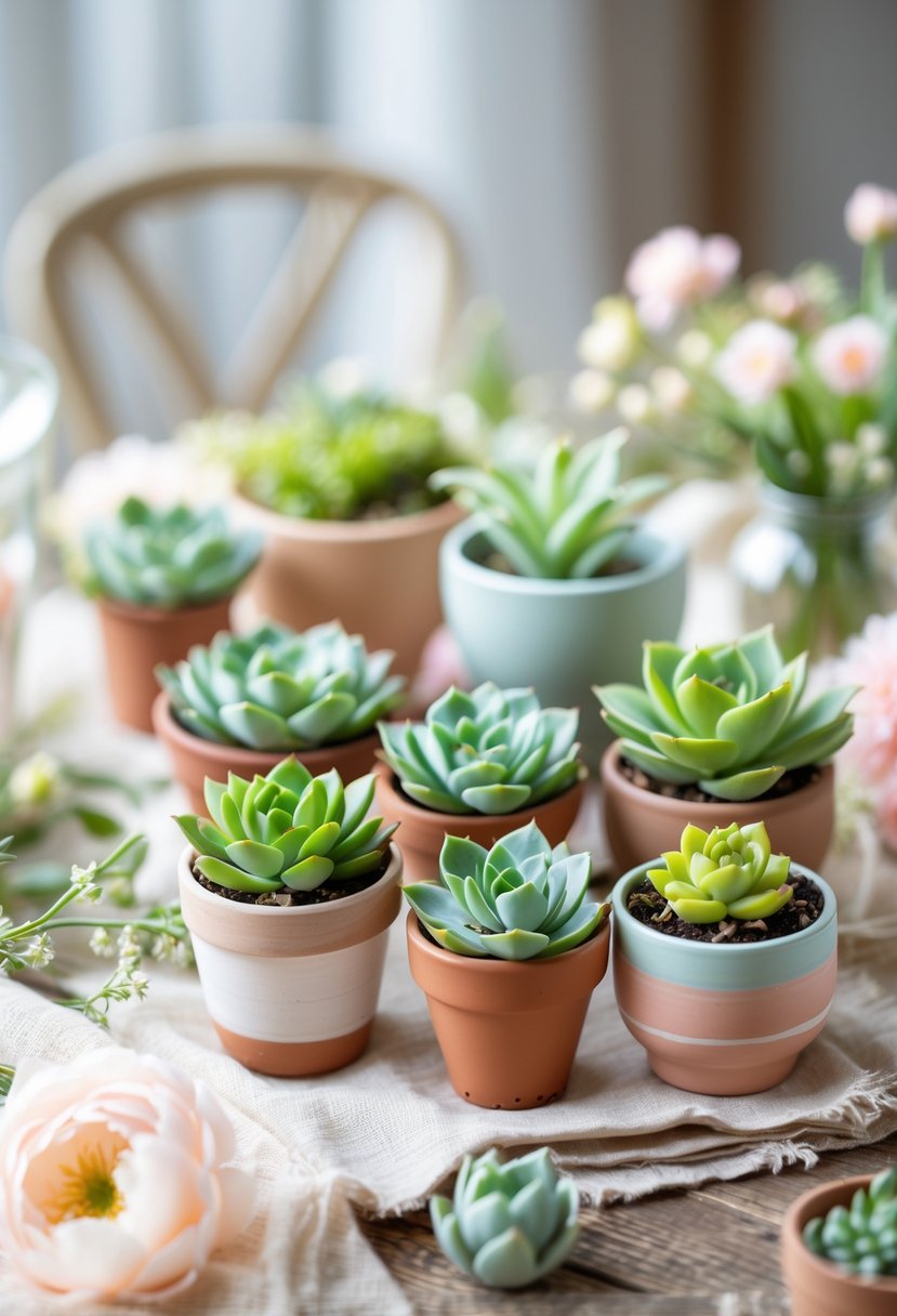 A collection of small potted succulents arranged on a wooden table with spring decorations.
