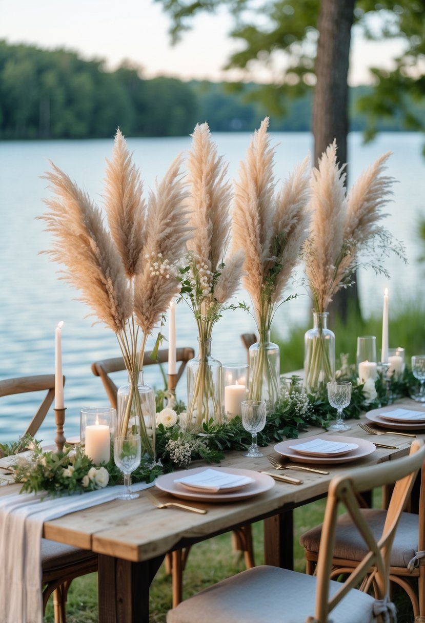 A lakeside wooden table with pampas grass centerpieces, surrounded by chairs and decorated for a relaxed outdoor gathering.