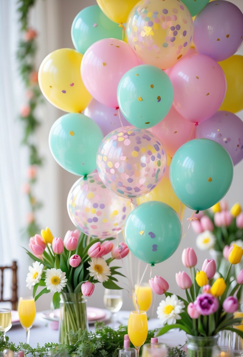 Colorful confetti-filled balloons surrounded by fresh spring flowers and decorative elements at a festive outdoor party.