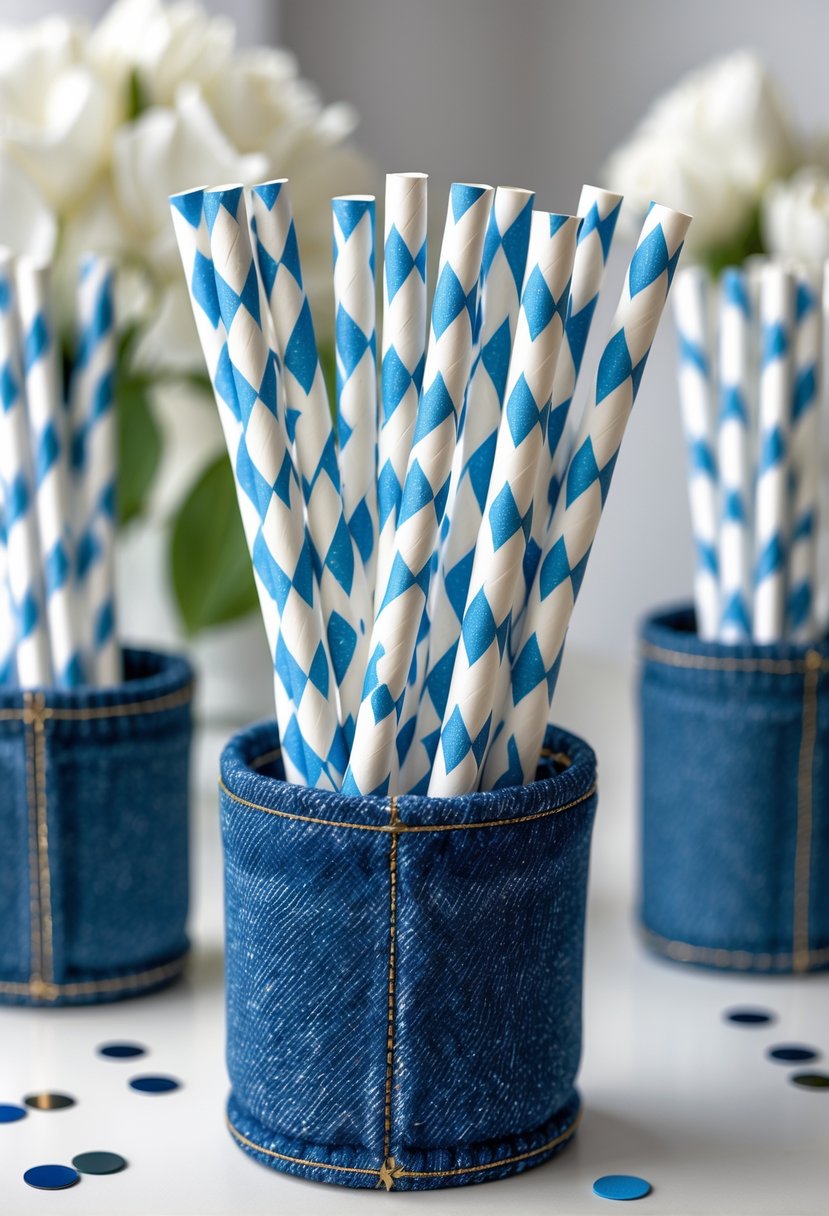 Diamond-printed paper straws placed inside denim holders on a bright surface with subtle party decorations in the background.