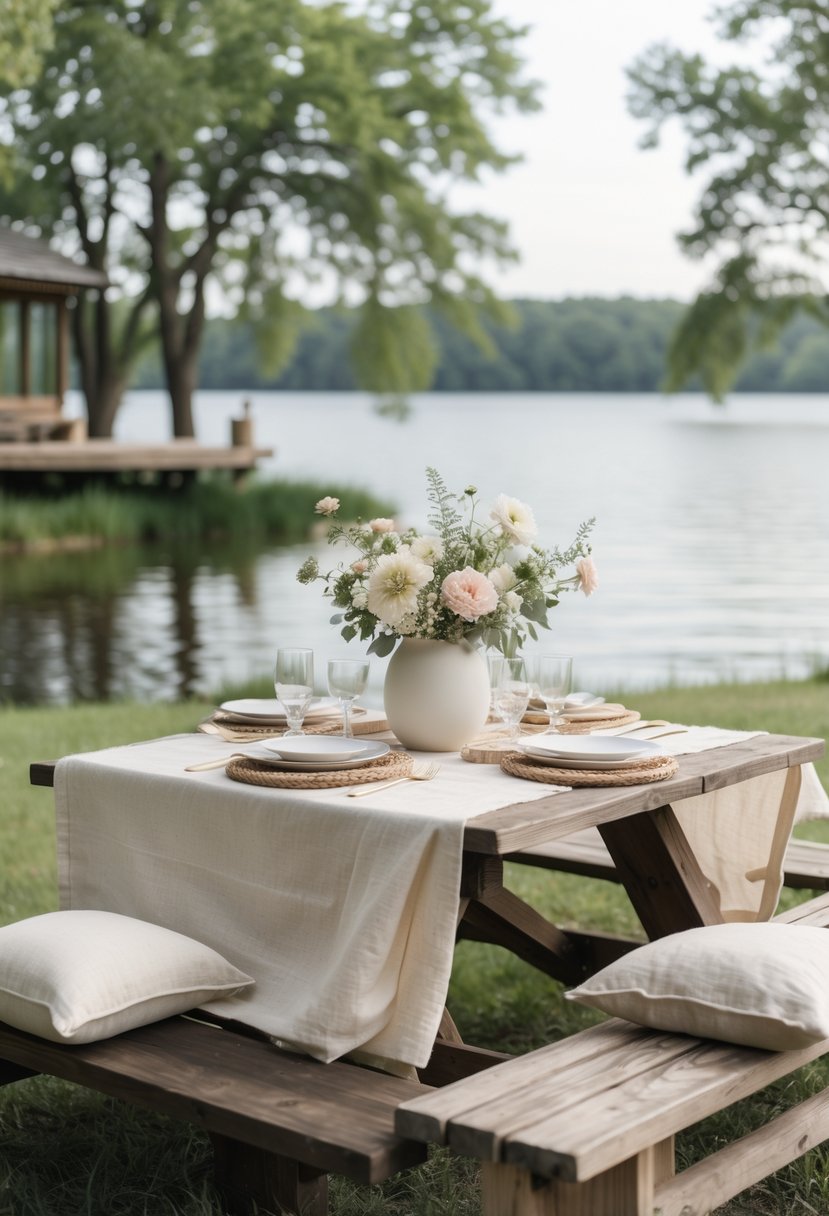 A picnic table by a lake set with neutral linen tablecloths, white plates, glassware, and a wildflower centerpiece, surrounded by wooden benches and greenery.