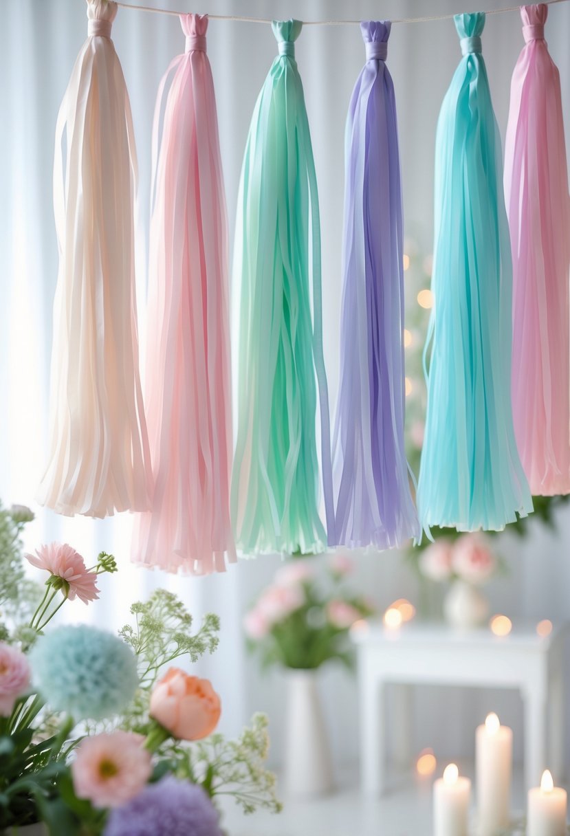 Pastel-colored tassel garlands hanging as decorations with flowers and soft lighting in a spring party setting.