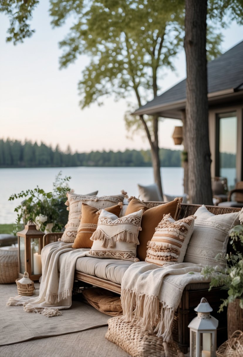 Outdoor seating area with boho throw pillows by a calm lake surrounded by trees.