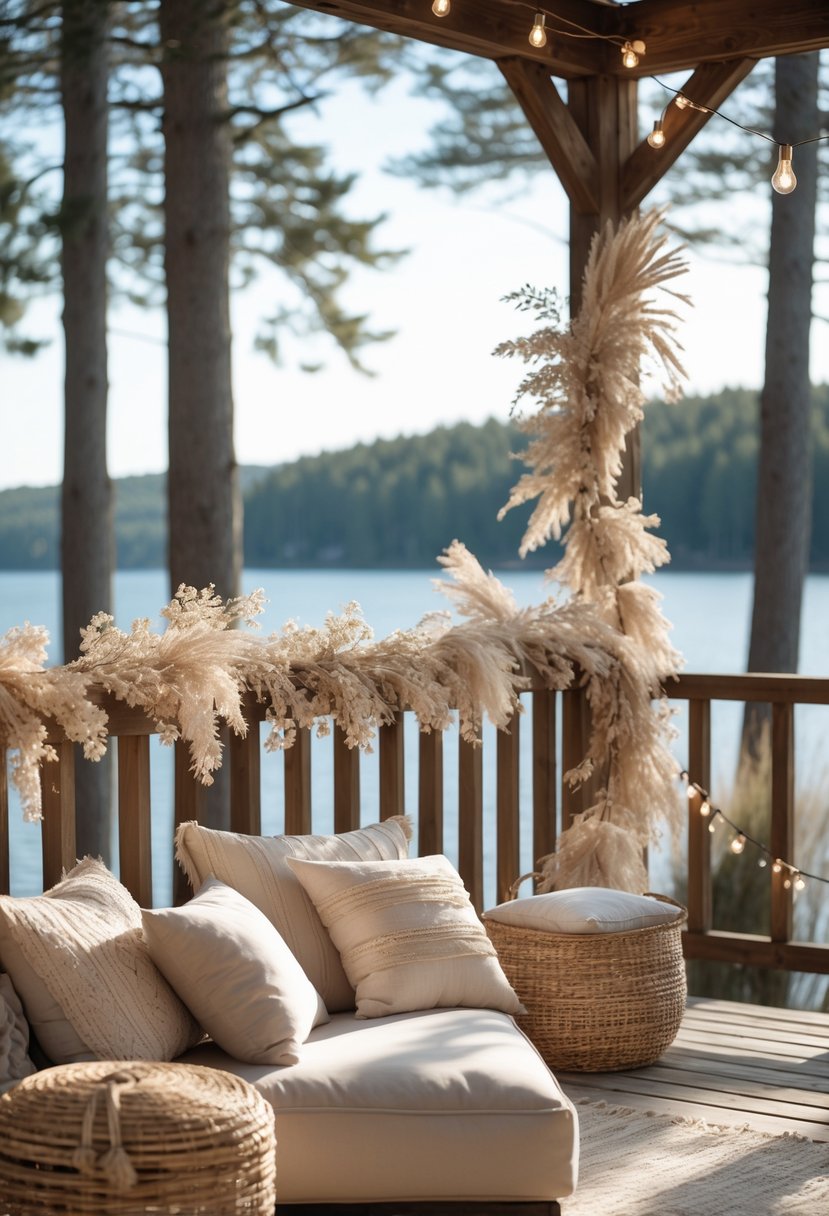A lake house porch decorated with dried flower garlands, overlooking a calm lake surrounded by trees.