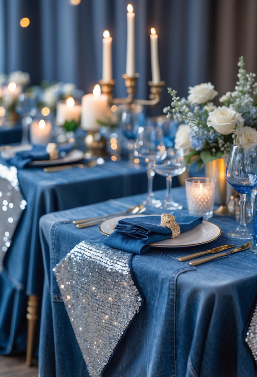A bachelorette party table decorated with denim tablecloths and sparkling diamond-shaped sequined overlays, featuring candles, glassware, and flowers.