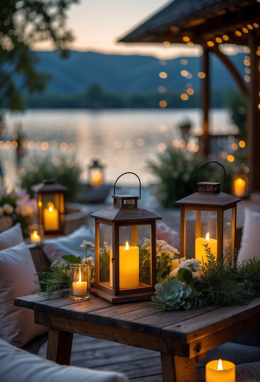 Wooden lanterns with glowing LED candles on a rustic table by a calm lake at dusk, surrounded by natural decor.
