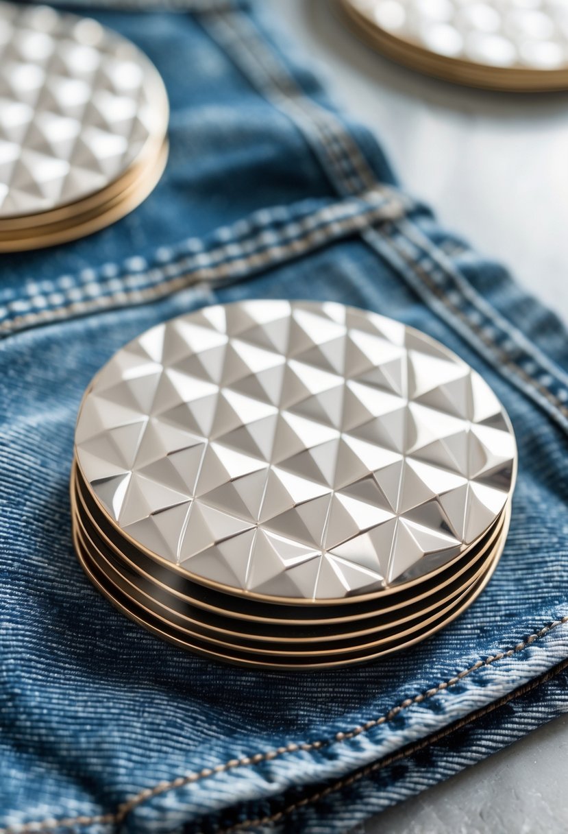 Close-up of diamond patterned coasters placed on blue denim mats.