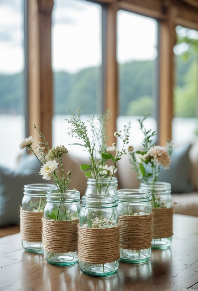 Mason jars wrapped with twine holding wildflowers on a wooden table near a window in a cozy lake house setting.