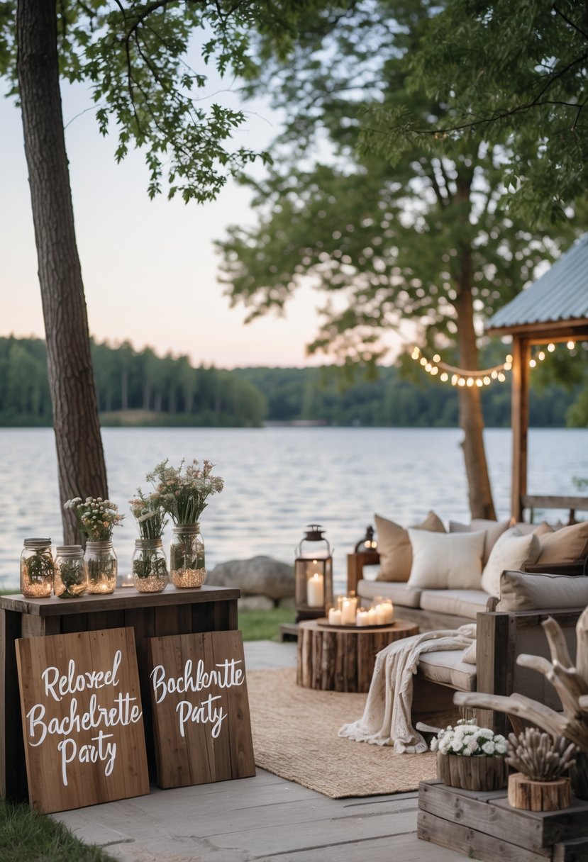 Outdoor lake house scene with rustic wooden signs, cozy seating, string lights, and floral decorations near calm water surrounded by trees.