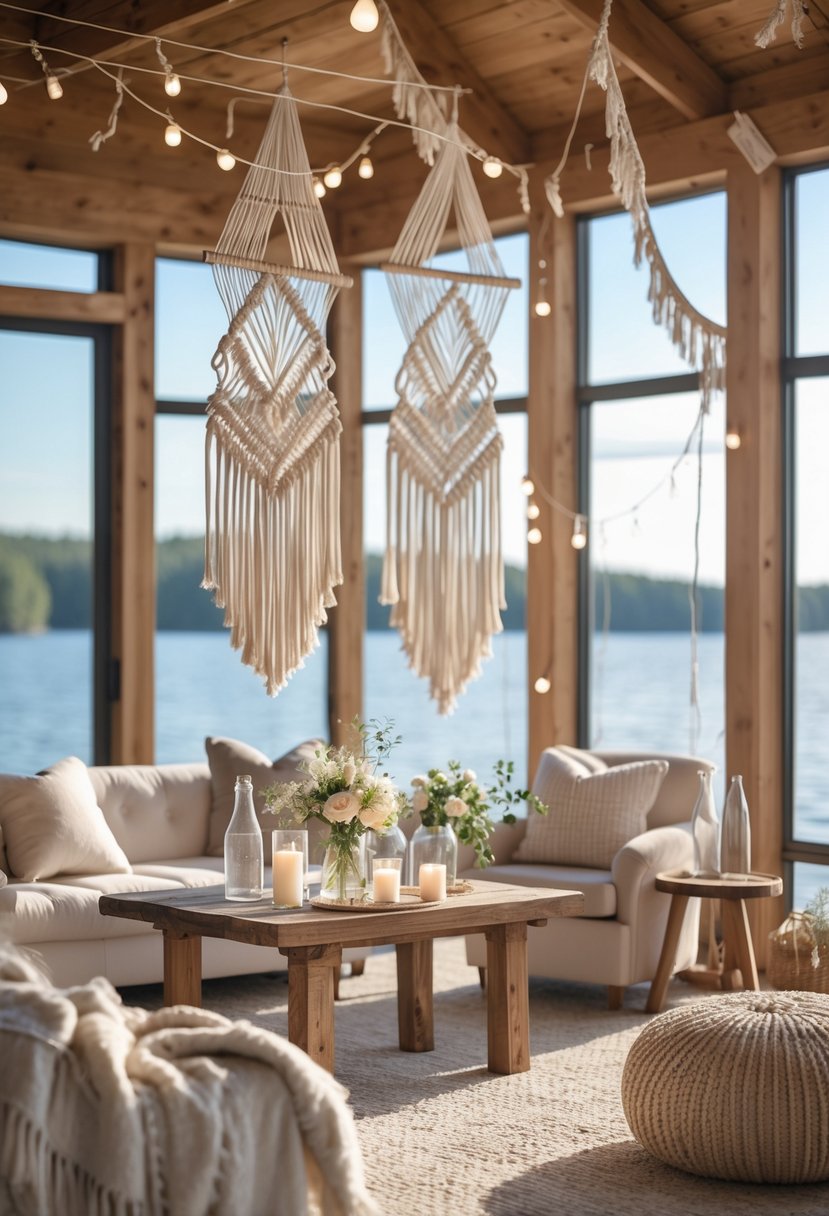 Cozy lake house interior with macrame wall hangings, soft cushions, wooden furniture, and natural light overlooking a calm lake.