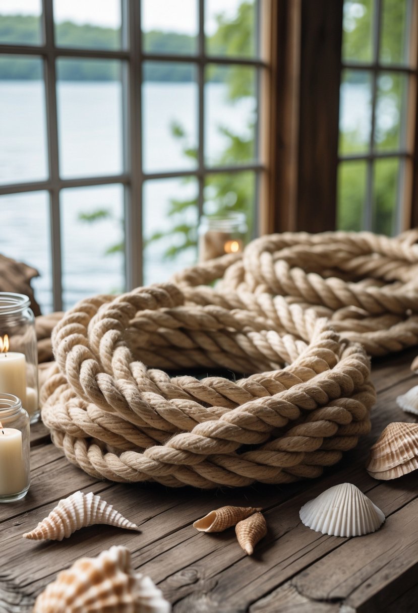 Coiled nautical ropes on a rustic wooden table near a window overlooking a calm lake with greenery outside.