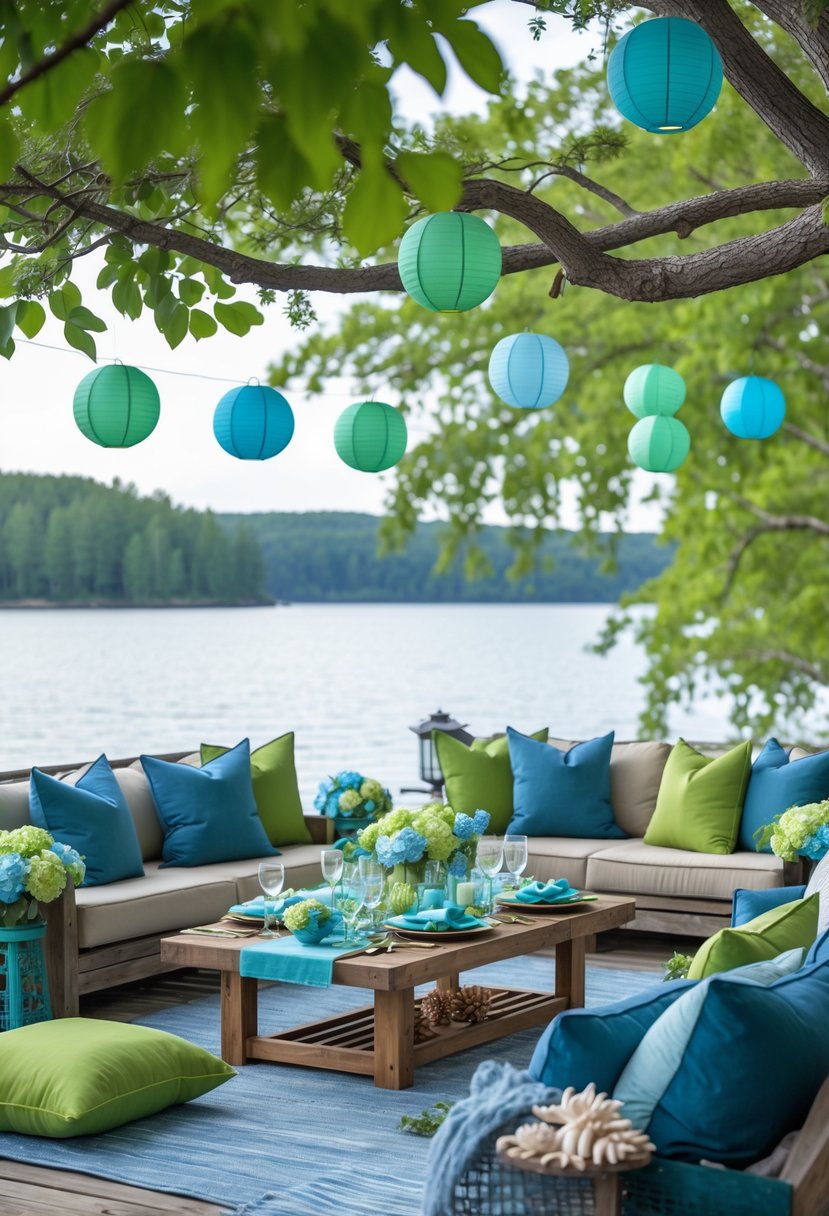 A lakeside patio decorated with blue and green flowers, lanterns, and cushions overlooking calm water surrounded by trees.