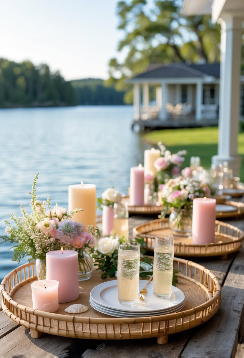 Bamboo serving trays with candles, flowers, and drinks on a wooden table by a lake house overlooking a calm lake and trees.