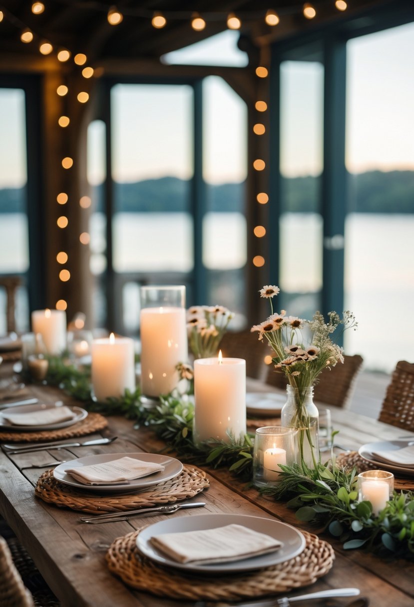 A wooden table with natural fiber placemats and simple floral decorations inside a lake house with a view of the calm lake through large windows.