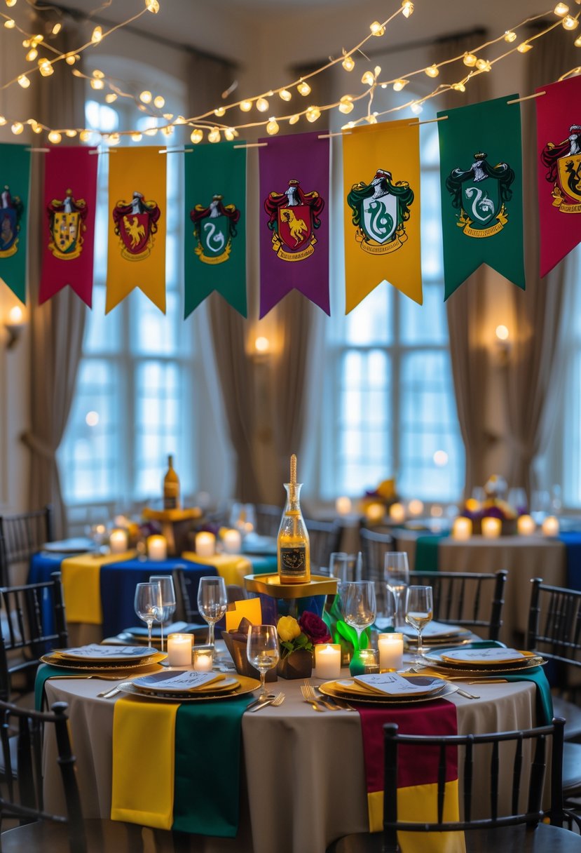 Indoor party setup with colorful banners and decorations representing the four Hogwarts houses, arranged for a festive celebration.