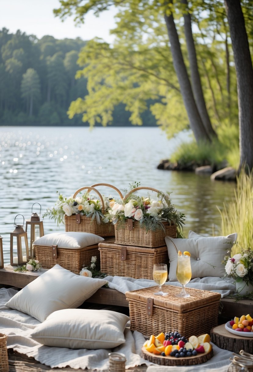 Wicker picnic baskets arranged outdoors near a lake with cushions, flowers, and refreshments on a wooden surface.