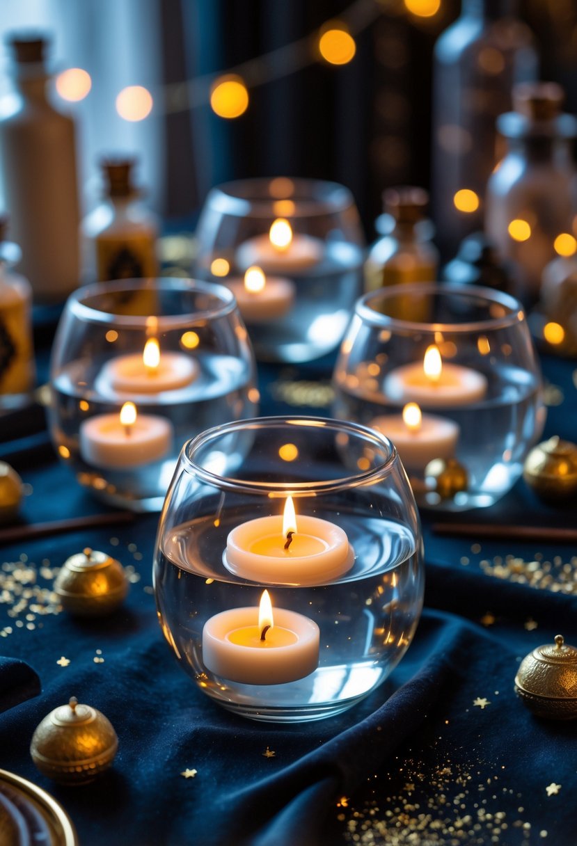 A table with glass bowls holding lit floating candles surrounded by small magical decorations and soft glowing lights.