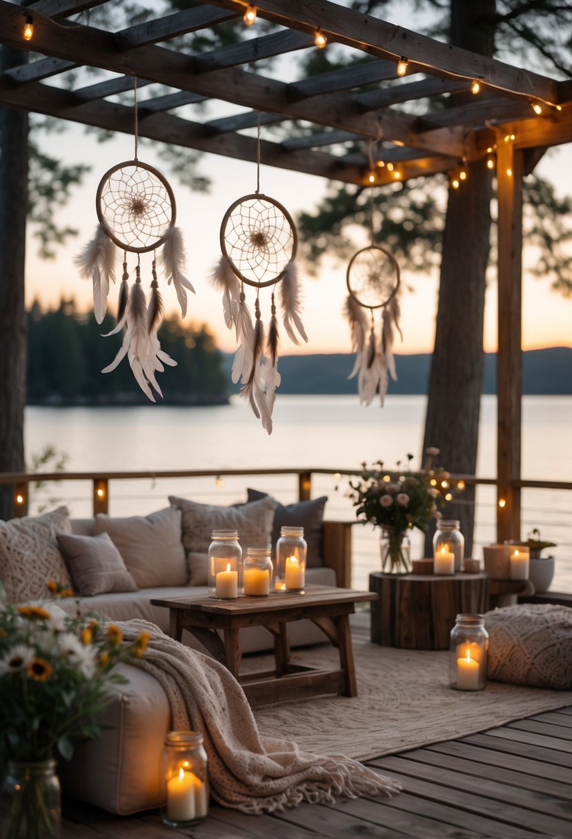 A peaceful lake house deck decorated with handmade dreamcatchers, cozy seating, candles, and wildflowers overlooking calm lake waters surrounded by trees.