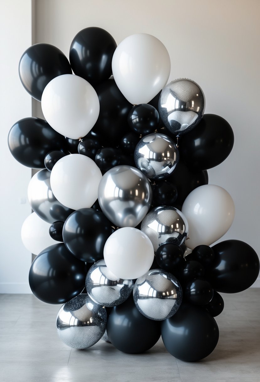 A black and white balloon garland with silver balloons arranged against a plain background.