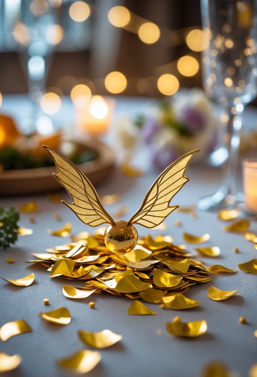 Close-up of a table decorated with golden snitch-shaped confetti and soft party decorations.