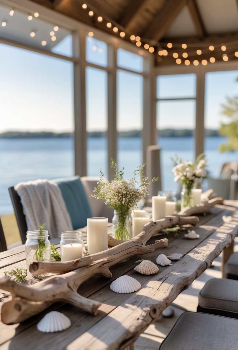 A driftwood table decorated with candles, wildflowers, and seashells inside a lake house with a view of the water through large windows.