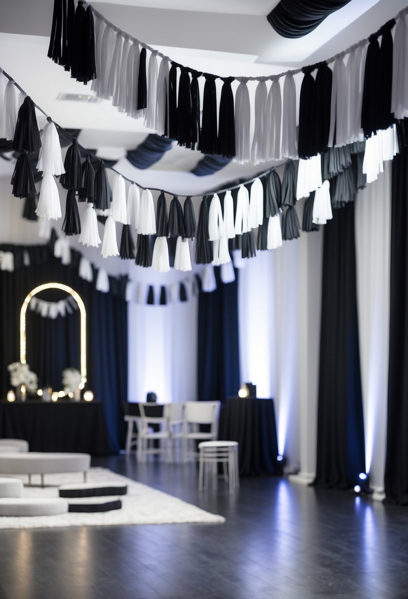 Event venue decorated with black and white tassel garlands draped around the space.