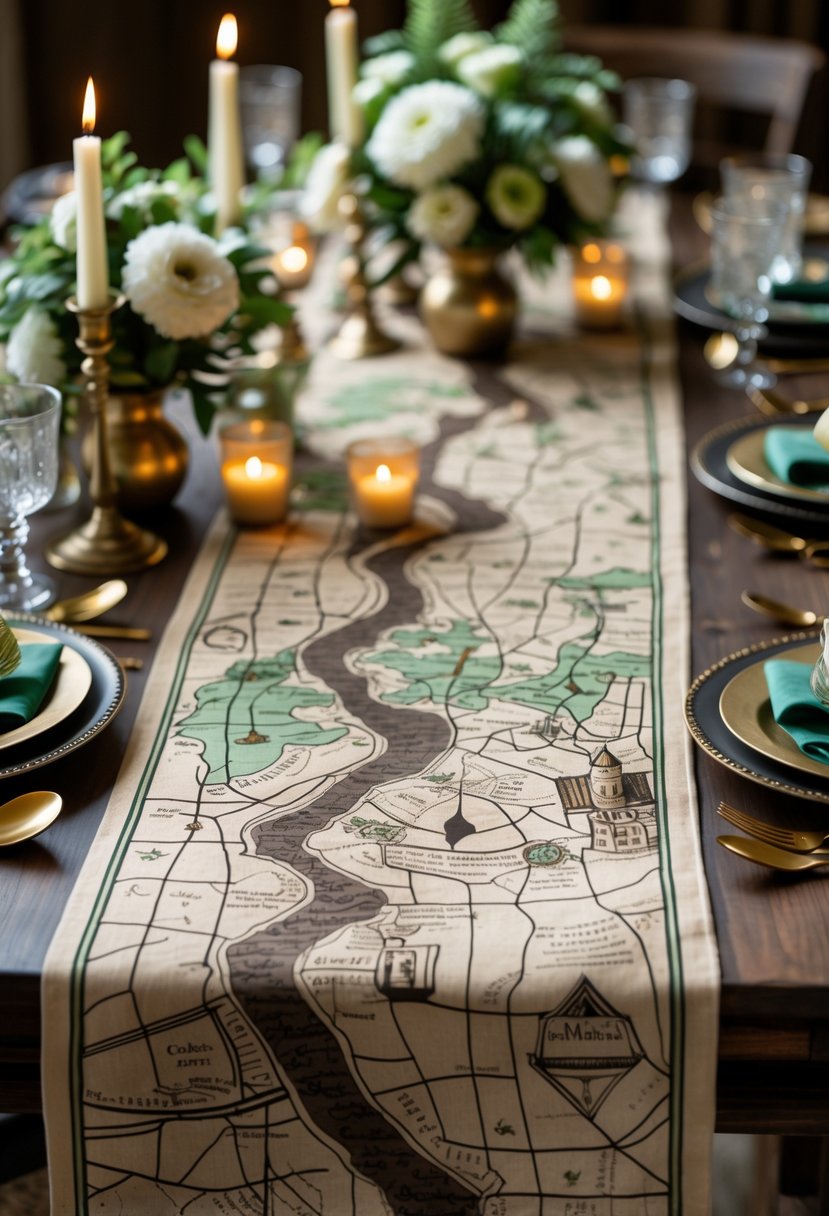 A table set with Marauder's Map-inspired runners and Harry Potter-themed bachelorette party decorations including candles, potion bottles, and floral arrangements.