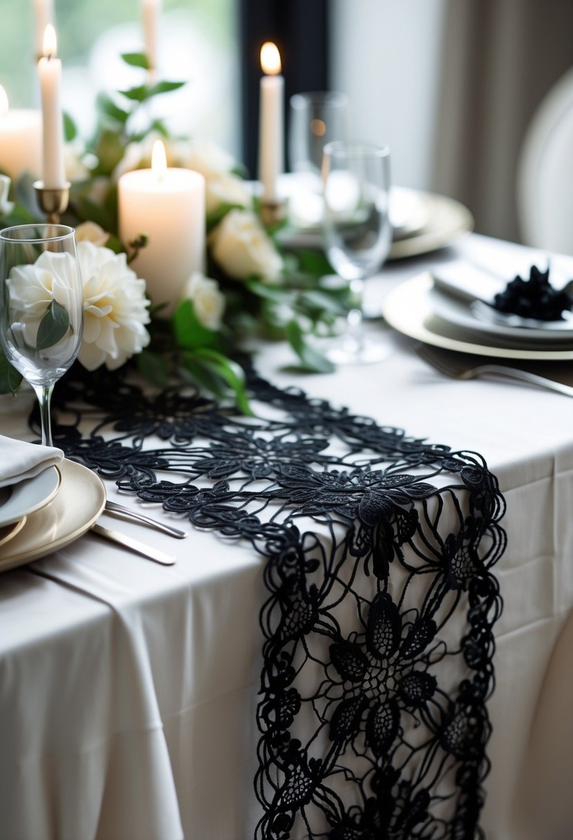 A table set with black lace runners over white tablecloths, decorated with candles, flowers, and glassware.
