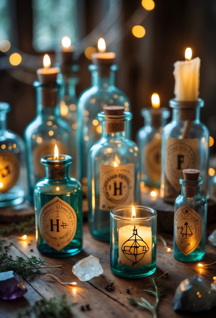 A collection of glass potion bottles used as candle holders on a wooden table, surrounded by dried herbs and small crystals, with warm glowing candles inside.