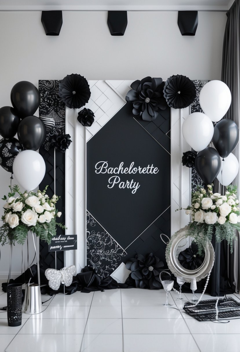 A black and white photo booth backdrop decorated with balloons, streamers, and flowers for a bachelorette party.