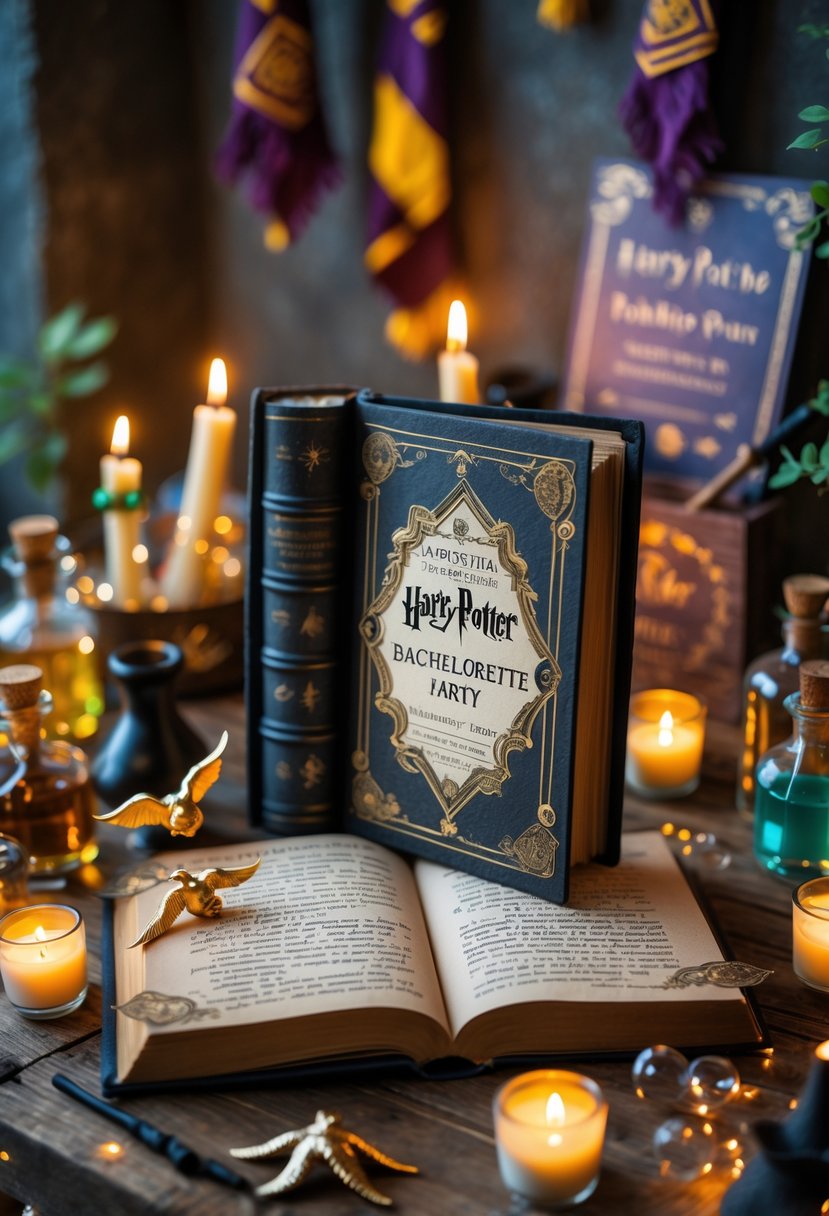 A spell book open on a wooden table surrounded by Harry Potter-themed decorations like wands, potion bottles, and floating candles.