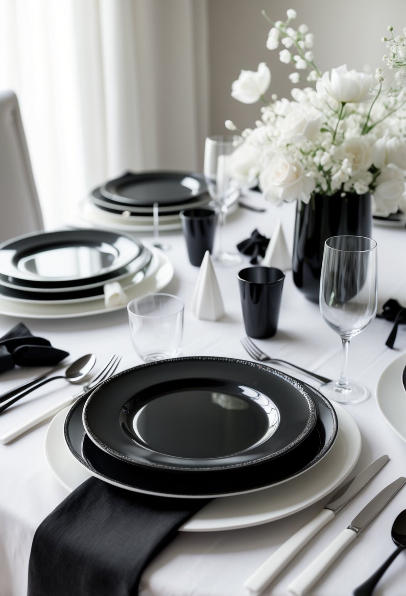 A table set with black plates and white flatware arranged neatly on a white tablecloth with simple black and white decorations.