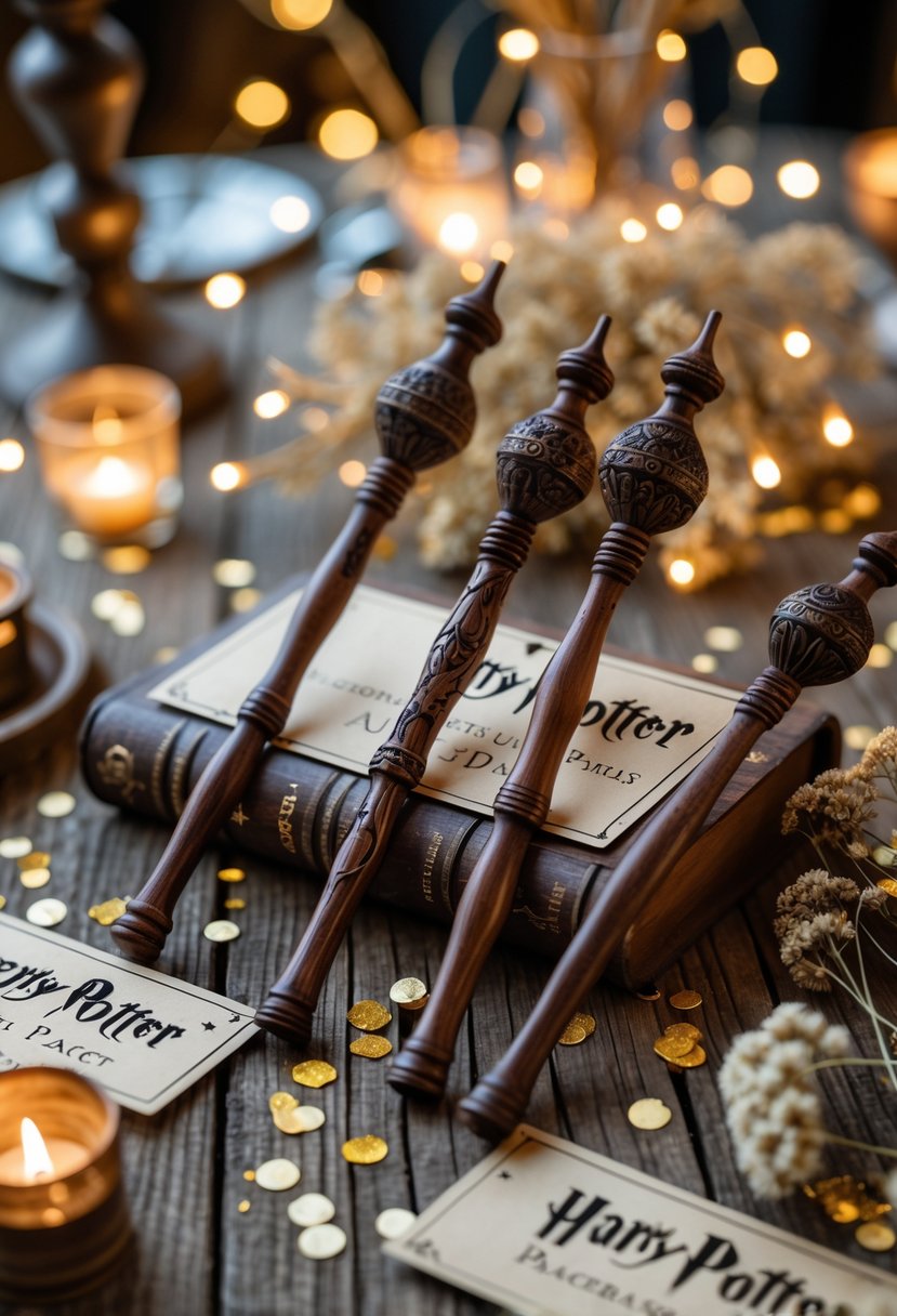 A table set with wizard wand-shaped place cards surrounded by fairy lights and decorative flowers at a festive party.