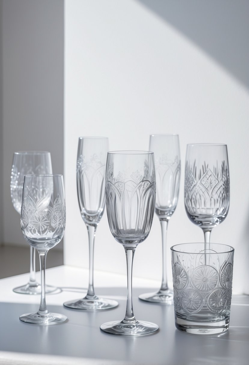 A collection of clear glassware with black etched patterns arranged on a white surface.