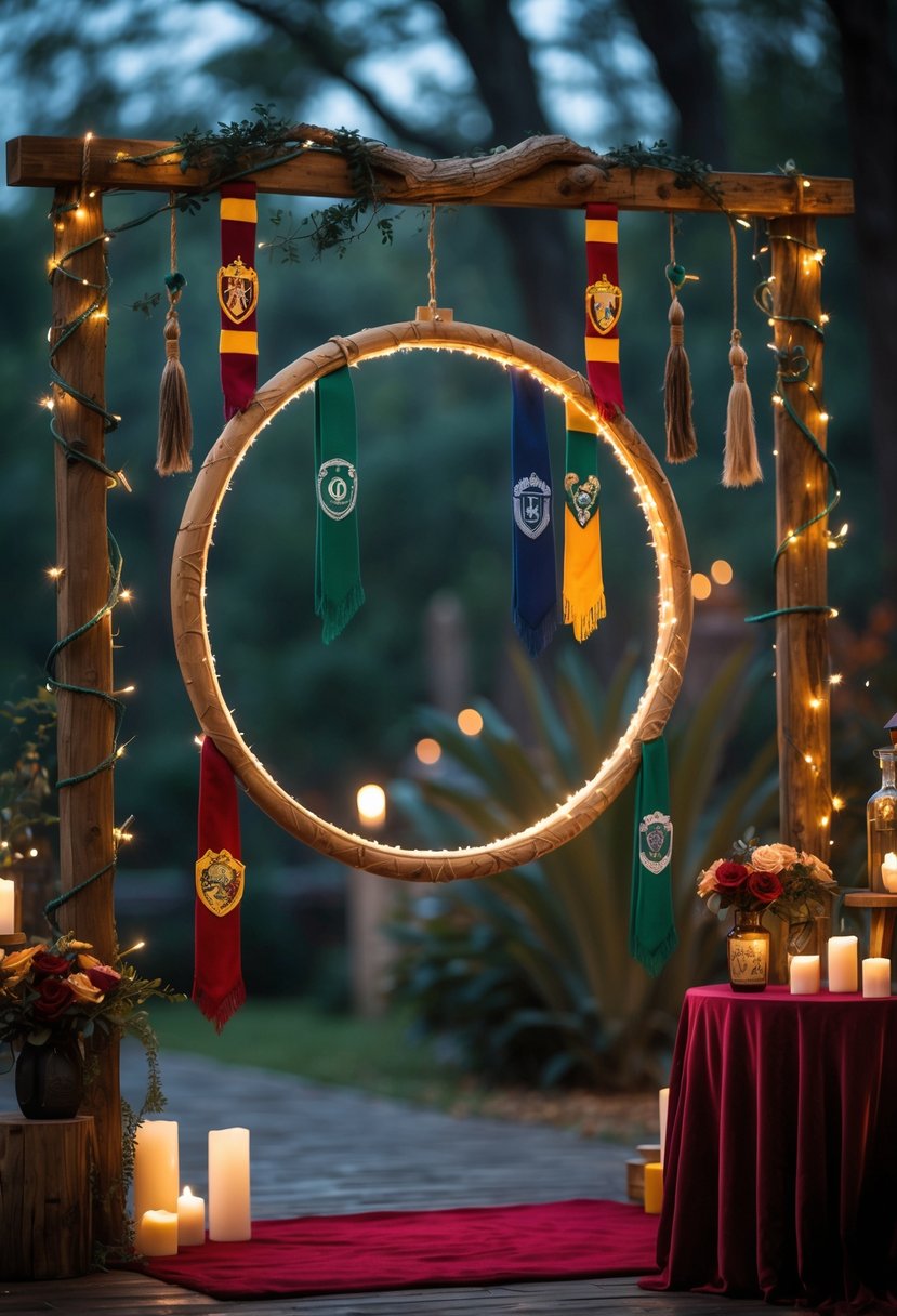 A Quidditch hoop photo booth decorated with fairy lights, broomsticks, golden snitches, and house scarves surrounded by themed party decorations and a velvet red carpet.