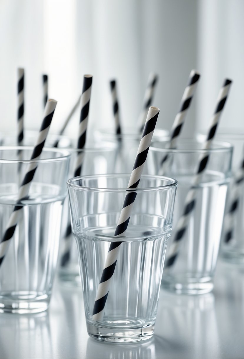 Clear glass cups filled with black and white striped paper straws arranged on a white surface.