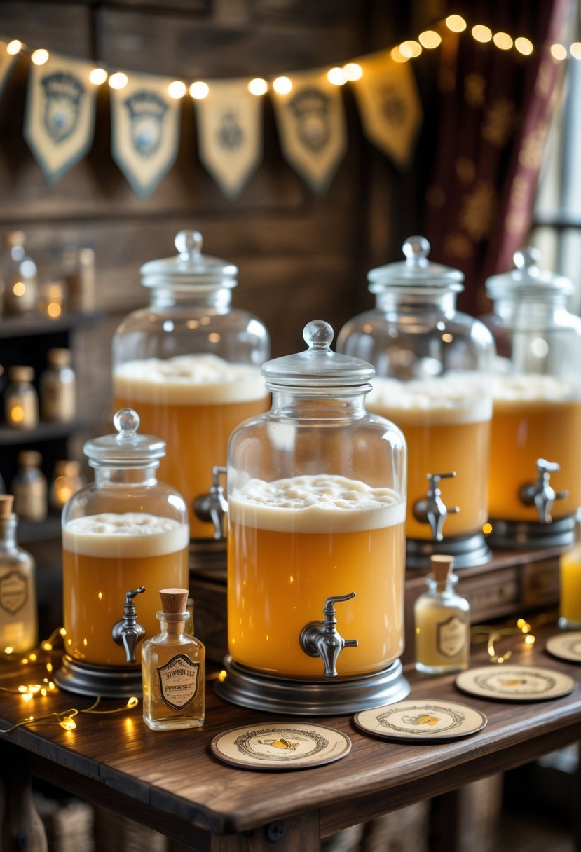 A table with several glass Butterbeer drink dispensers surrounded by Harry Potter-themed decorations at a bachelorette party.