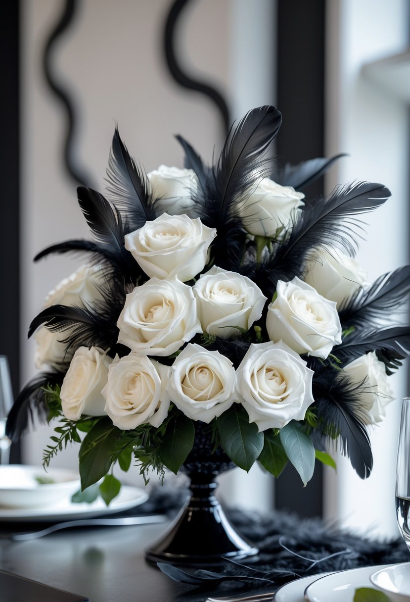 A floral centerpiece with white roses and black feathers arranged on a table in an event setting.