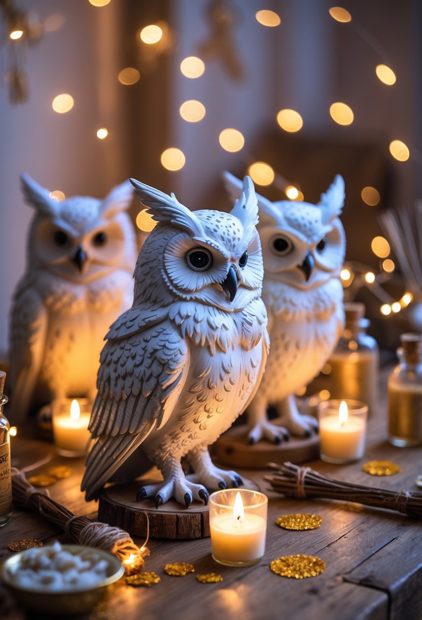 A collection of detailed owl figurines arranged on a wooden table with fairy lights, candles, and festive decorations.