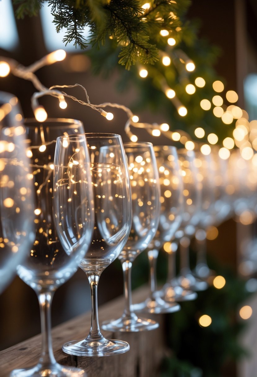 A garland of clear wine glasses decorated with small twinkling lights hanging indoors.
