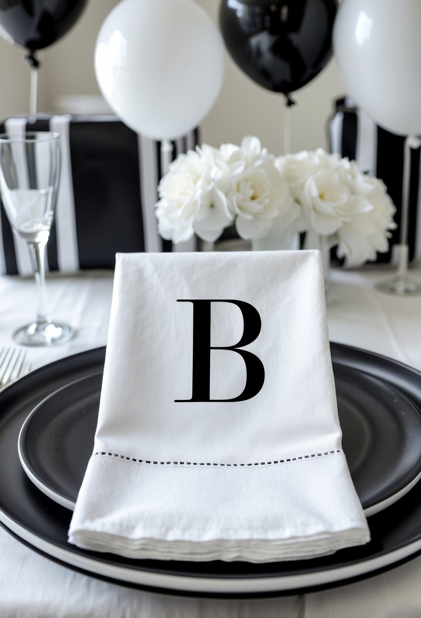 Close-up of white napkins with black initials on a table set for a bachelorette party with black and white decorations.