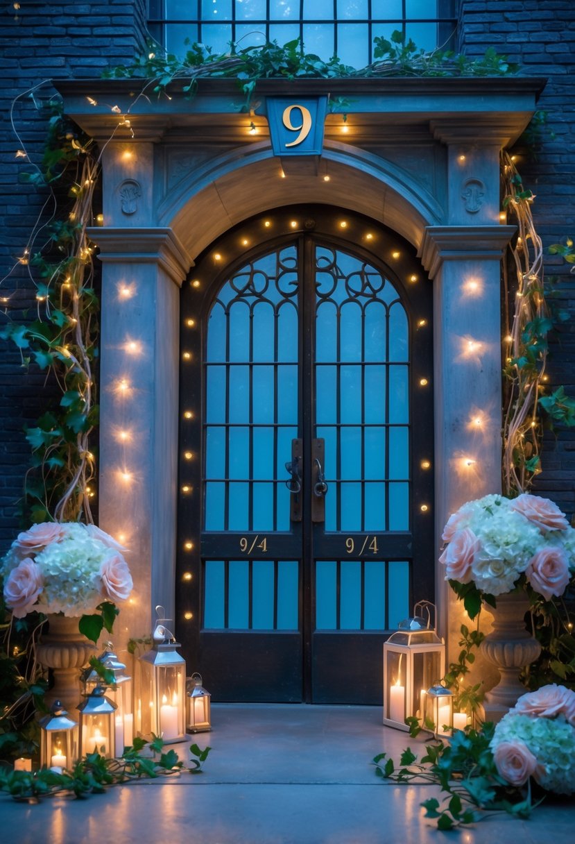 The Platform 9 3/4 entrance arch decorated with fairy lights and flowers, creating a magical party atmosphere.