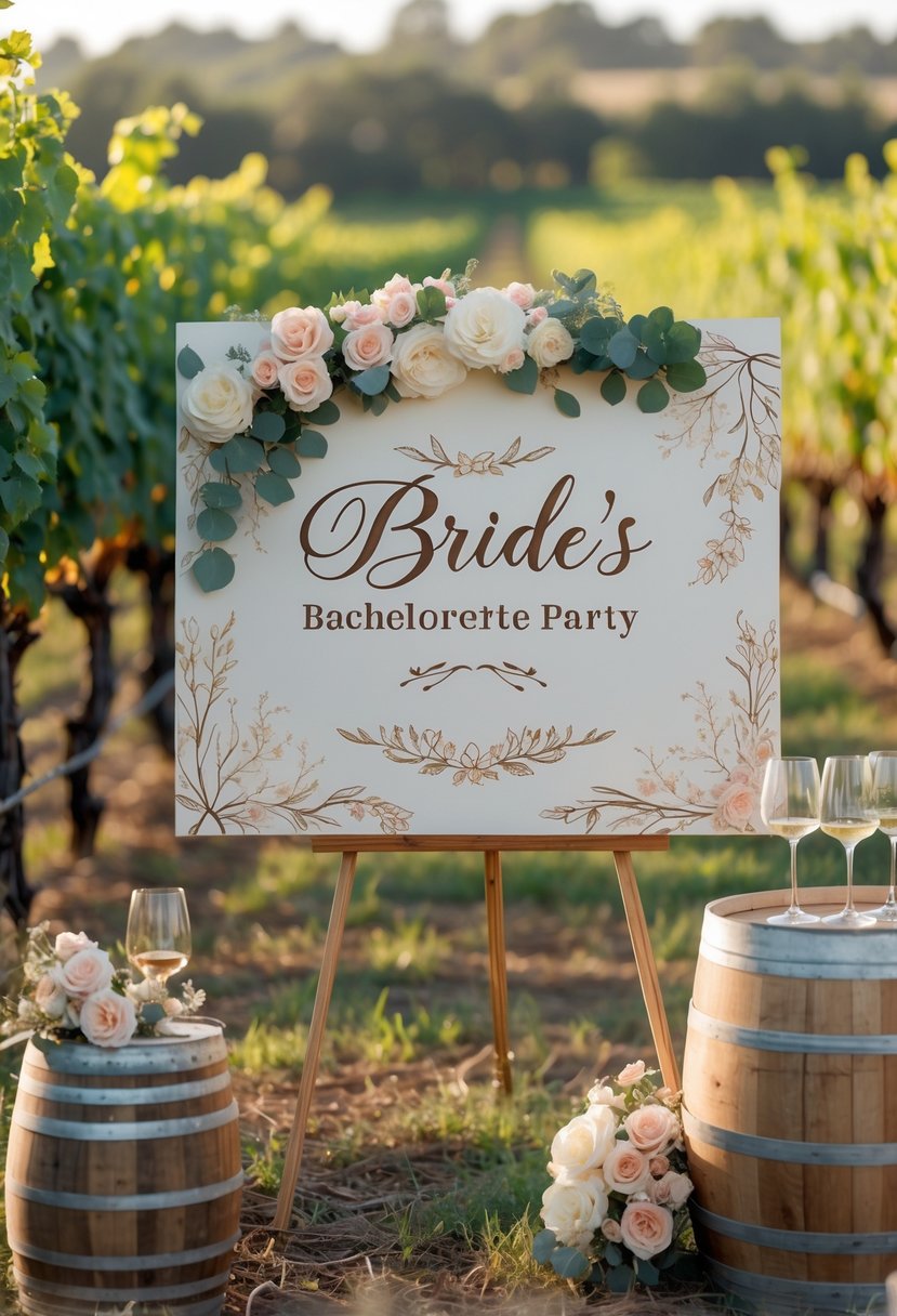 A wooden vineyard sign decorated with flowers and grapevines, surrounded by wine glasses and grape clusters in a vineyard setting.