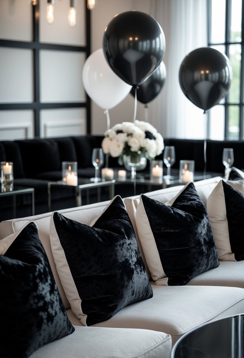A lounge area with black velvet cushions on sofas, decorated with black and white party decorations including flowers, balloons, and candles.