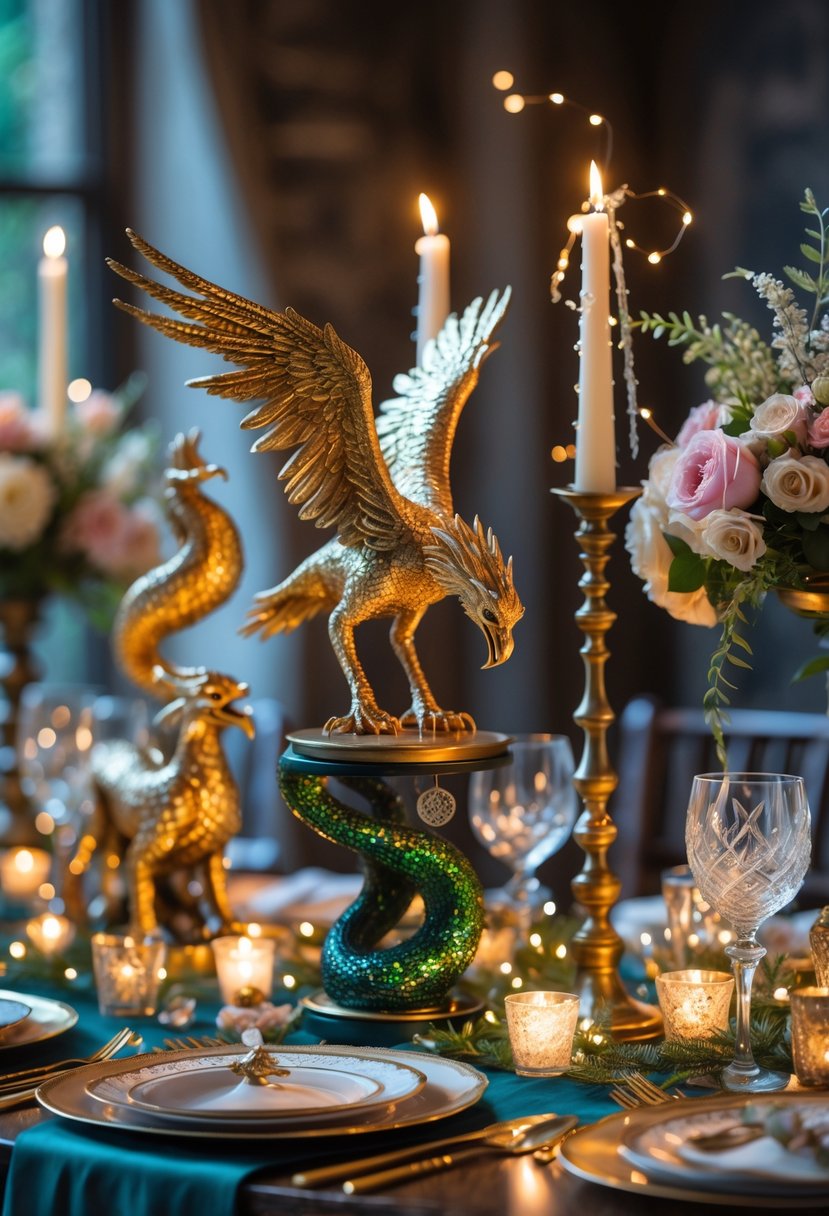 A beautifully decorated table featuring magical creature figurines and elegant party decor with lights and flowers.
