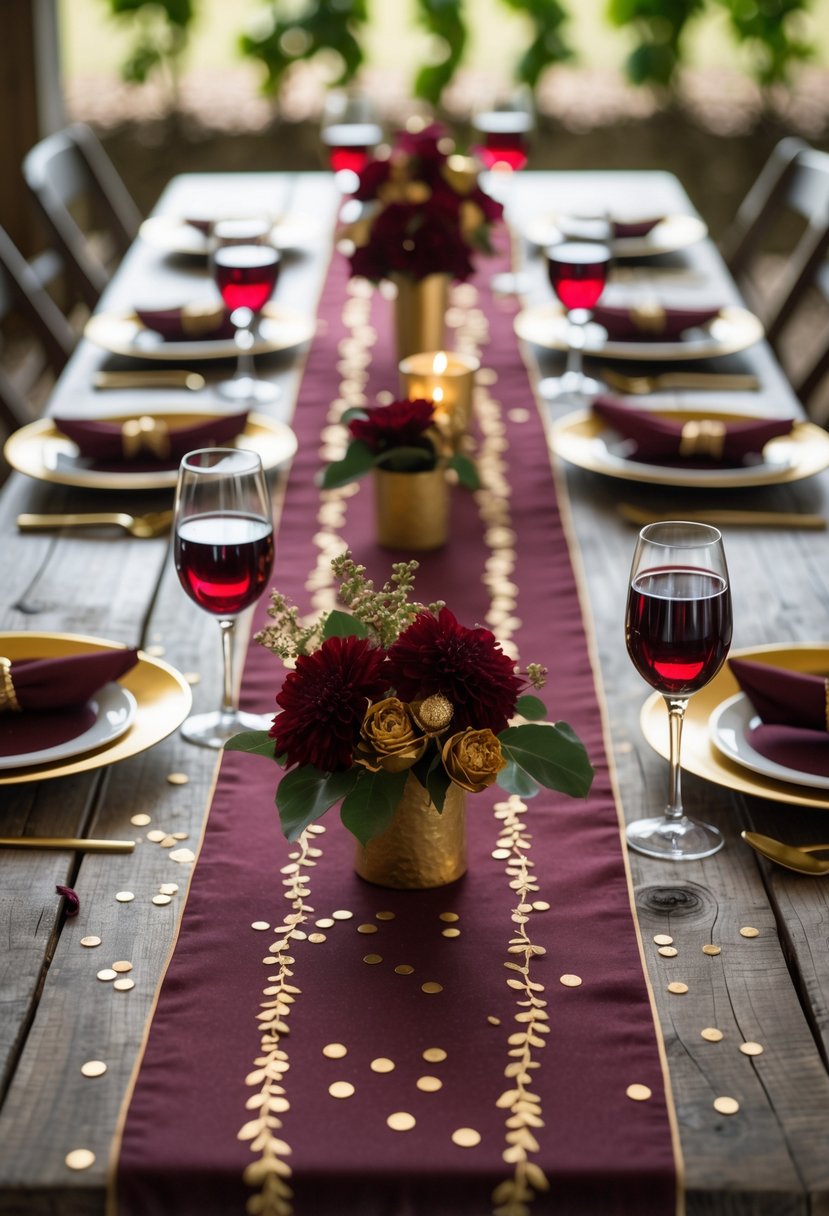 A wooden table with a burgundy and gold table runner, wine glasses, plates, floral arrangements, and decorative elements arranged for a bachelorette party.