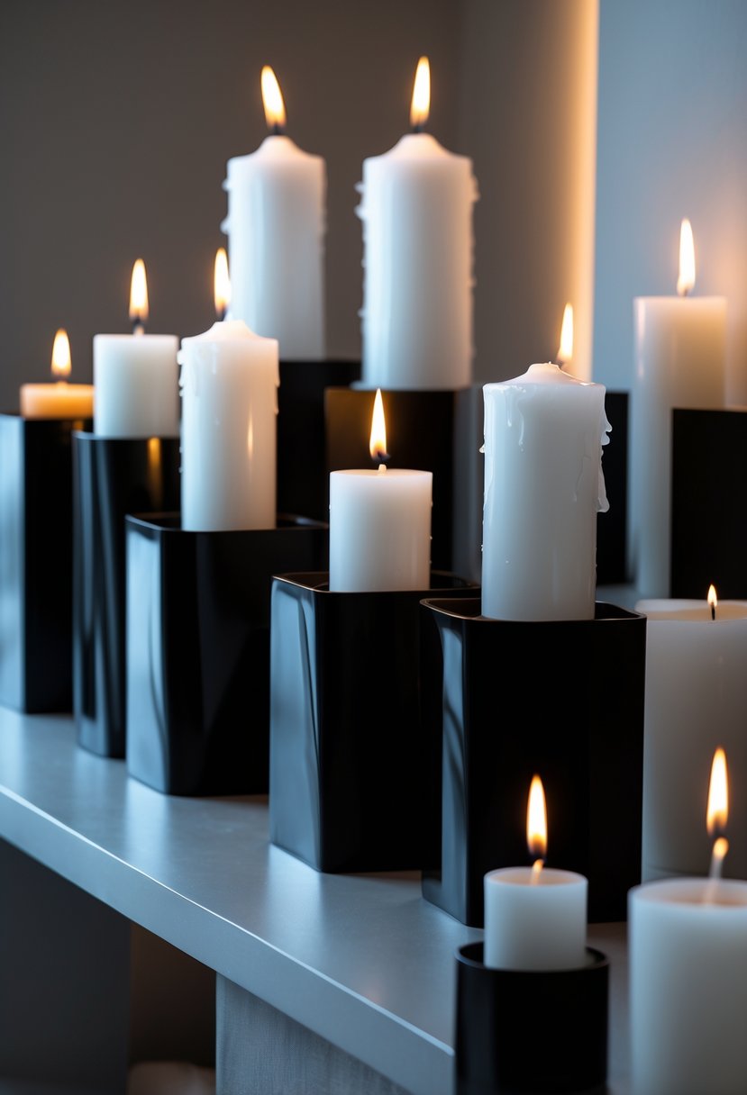 White candles burning in black candle holders arranged on a surface with warm ambient lighting.