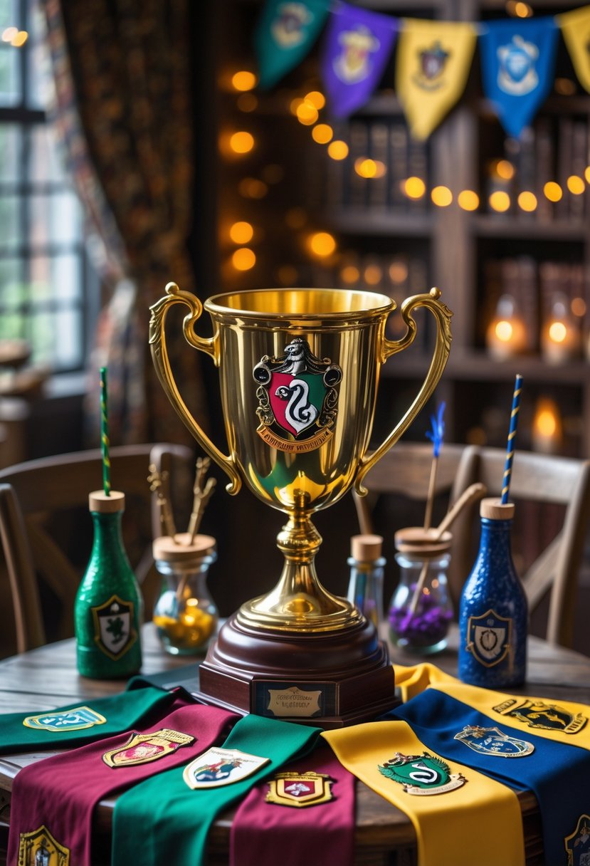 A table displaying a golden trophy surrounded by Harry Potter house-themed decorations including scarves, banners, wands, and potion bottles.
