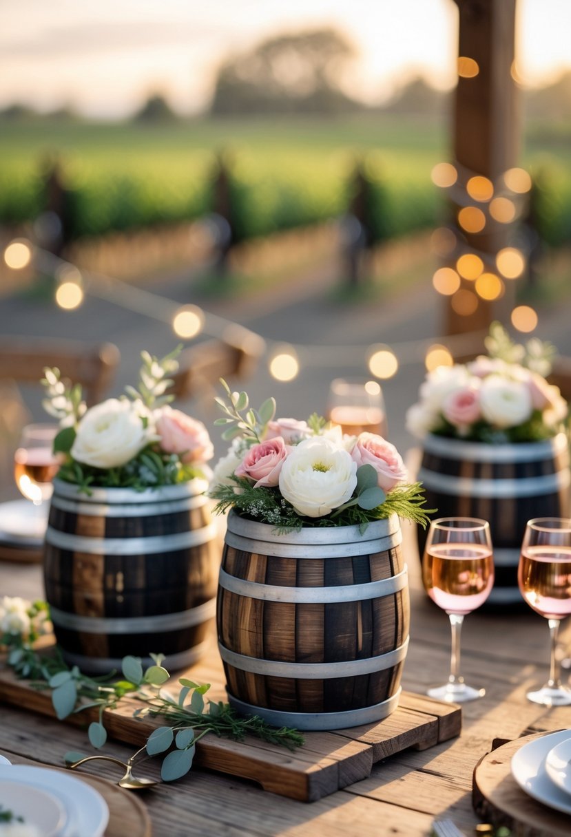 Mini wine barrel centerpieces decorated with flowers and fairy lights on a wooden table at a winery setting.