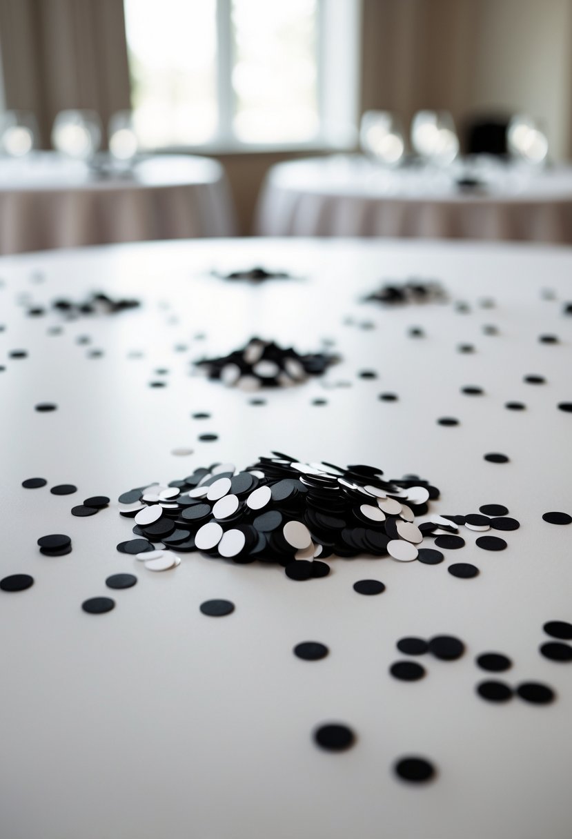 Close-up of tables lightly sprinkled with black and white confetti.